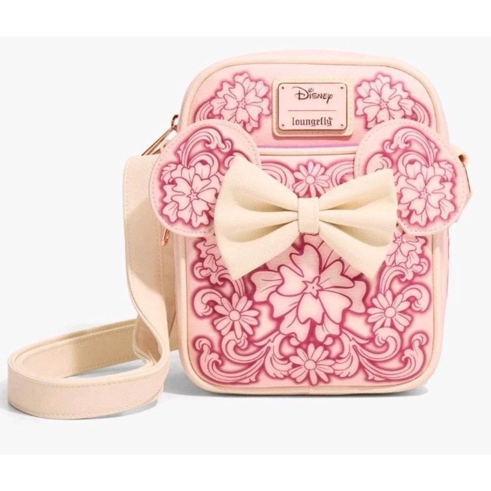 NEW Loungefly Disney Minnie Mouse Embossed Floral Ears Pink Crossbody Bag Purse